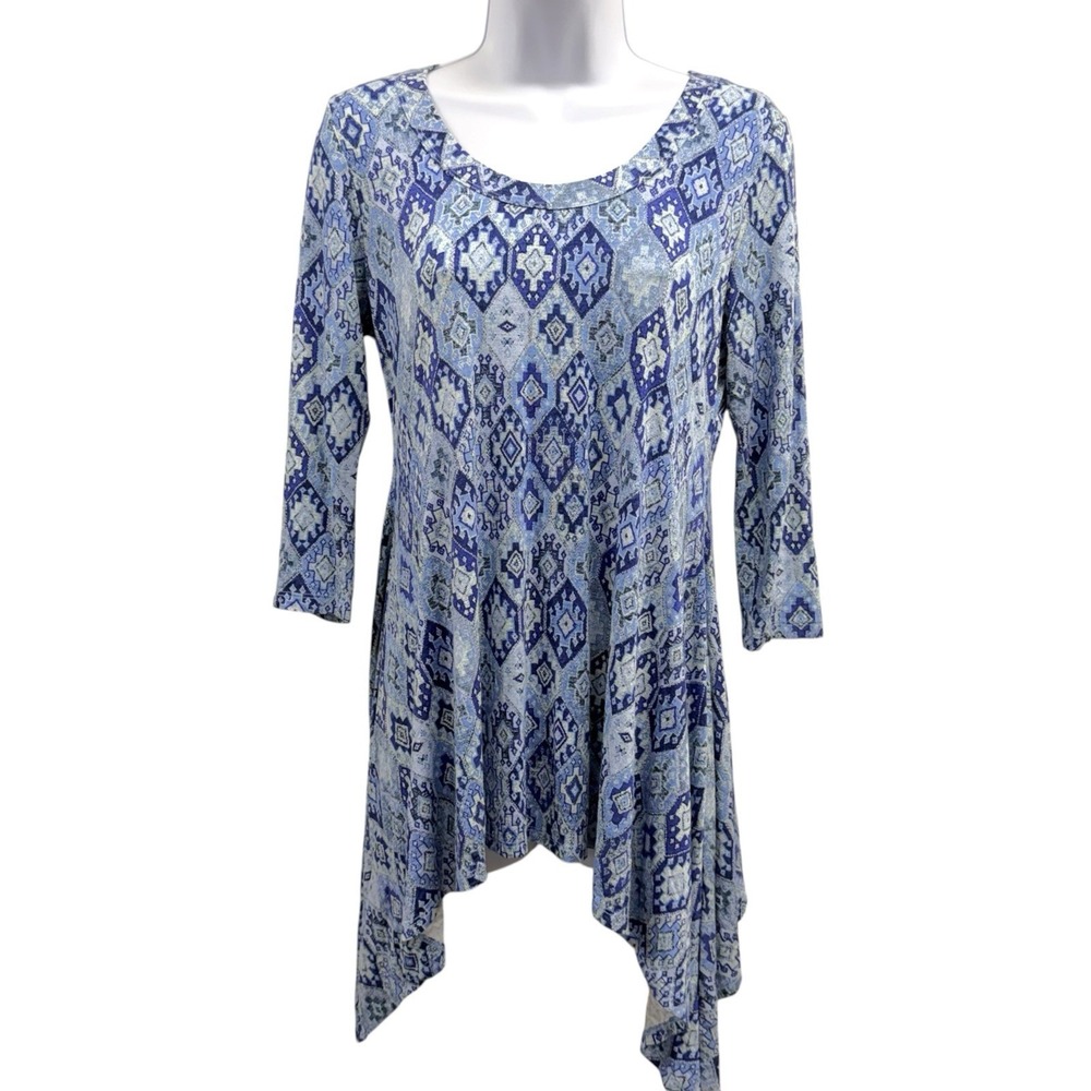 Karen Kane Womens M Blue Boho Tribal Print Asymmetrical Hem Shirt Top 1/2 Sleeve